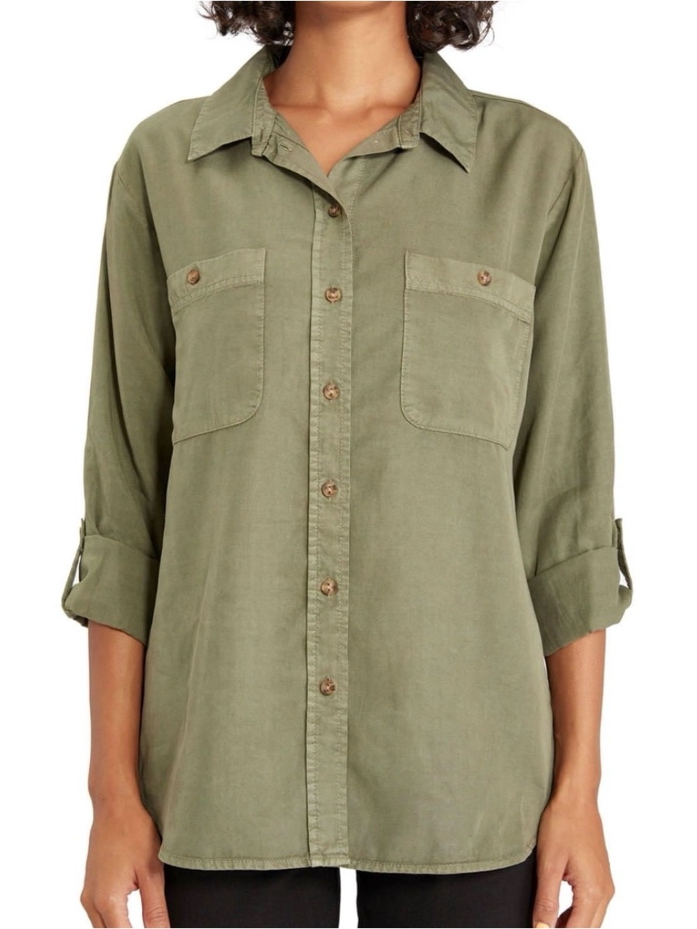 NWI Sanctuary Olive Green Women’s Boyfriend Long Sleeve Tencil Button Down